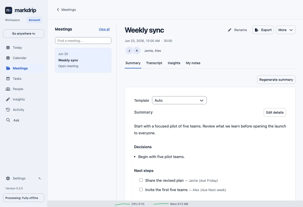 Markdrip meeting view showing a summary and next steps from a fictional weekly sync