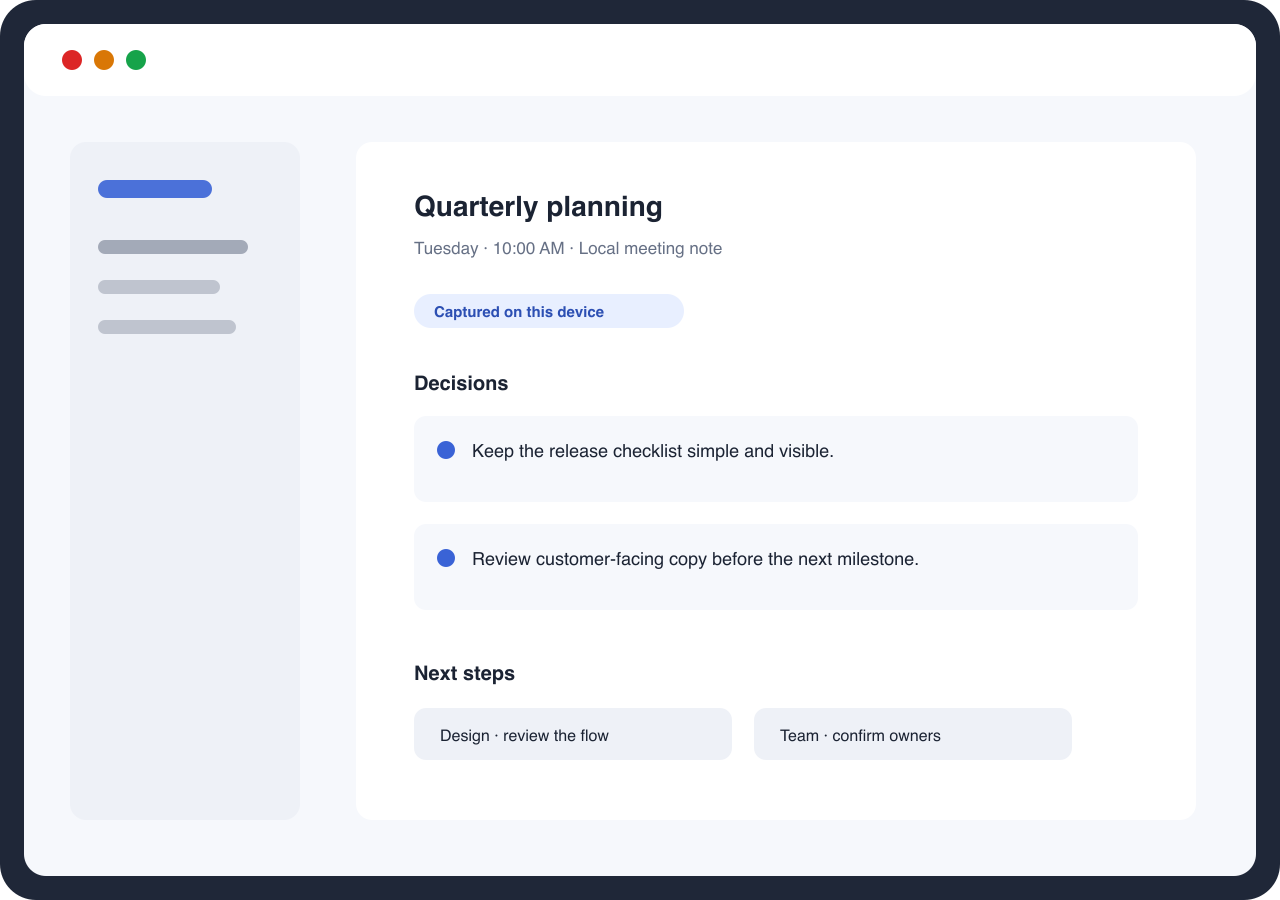 Synthetic Quarterly planning meeting note with decisions and next steps